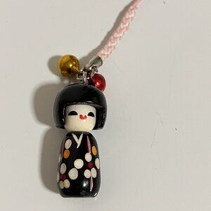 JAPANESE WOODEN KOKESHI DOLL Key Chain/Bag or Phone Charm-PREOWNED